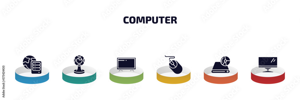 Poster computer infographic element with filled icons and 6 step or option. computer icons such as internet