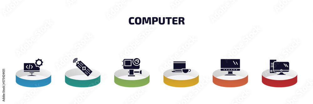 Poster computer infographic element with filled icons and 6 step or option. computer icons such as develope