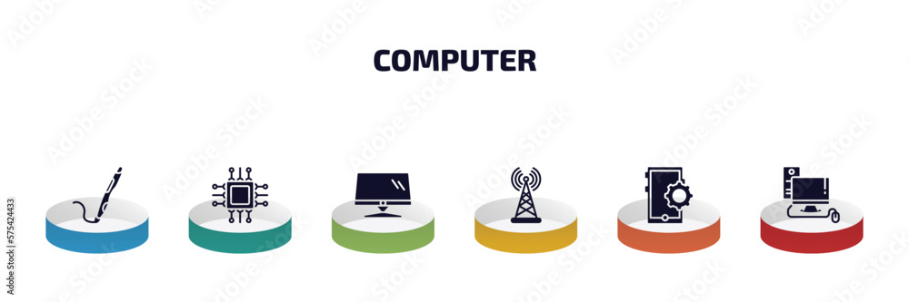 Poster computer infographic element with filled icons and 6 step or option. computer icons such as 3d print
