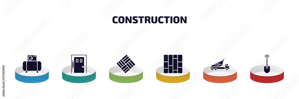Poster construction infographic element with filled icons and 6 step or option. construction icons such as 
