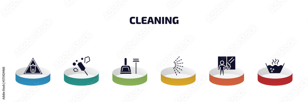 Poster cleaning infographic element with filled icons and 6 step or option. cleaning icons such as oxidizin