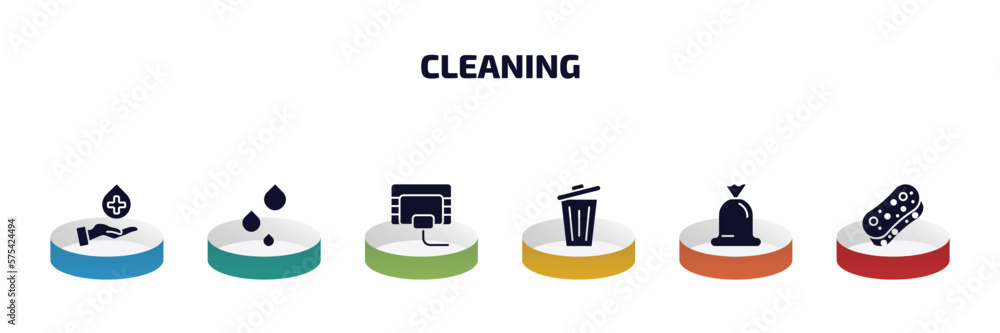 Poster cleaning infographic element with filled icons and 6 step or option. cleaning icons such as sanitize
