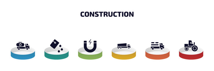 construction infographic element with filled icons and 6 step or option. construction icons such as fuel truck, paint bucket, inclined magnet, tipper, truck with load, steamroller vector.