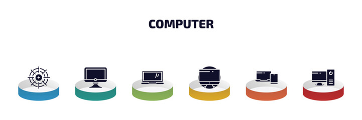 computer infographic element with filled icons and 6 step or option. computer icons such as calibrate, full computer, laptop screen, circular de, device, work station vector.