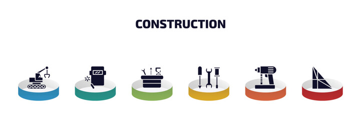 construction infographic element with filled icons and 6 step or option. construction icons such as derrick with tong, welding, tool box, three tools, nail gun, joist vector.