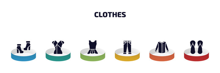 clothes infographic element with filled icons and 6 step or option. clothes icons such as ankle boots, chiffon suffle blouse, peplum top, jeans, collarless cotton shirt, sleepers vector.