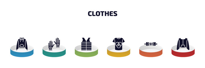 Fototapeta premium clothes infographic element with filled icons and 6 step or option. clothes icons such as hooded jacket, leather gloves, padded vest, t shirt with de, bow tie, nylon jacket vector.