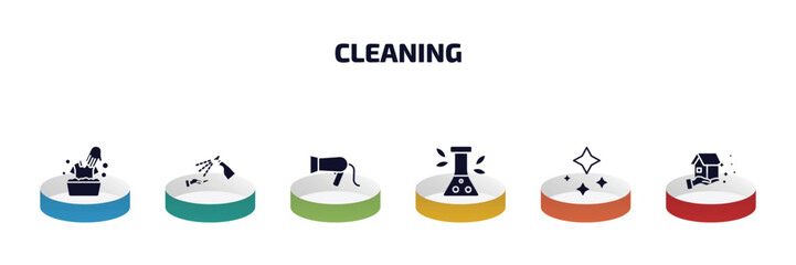 cleaning infographic element with filled icons and 6 step or option. cleaning icons such as washing clothes, sterilization, hairdryer cleanin, preservatives, neat, cleaning house vector.