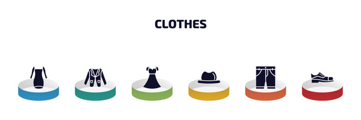 clothes infographic element with filled icons and 6 step or option. clothes icons such as long sleeveless dress, blazer, chiffon dress, men hat, chino shorts, leather shoes vector.