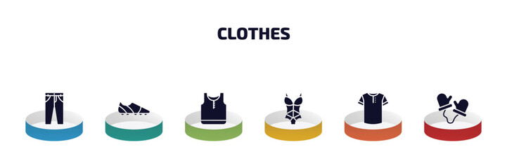 clothes infographic element with filled icons and 6 step or option. clothes icons such as chi pants, soccer shoe, tank top, lingerie, henley shirt, wool gloves vector.