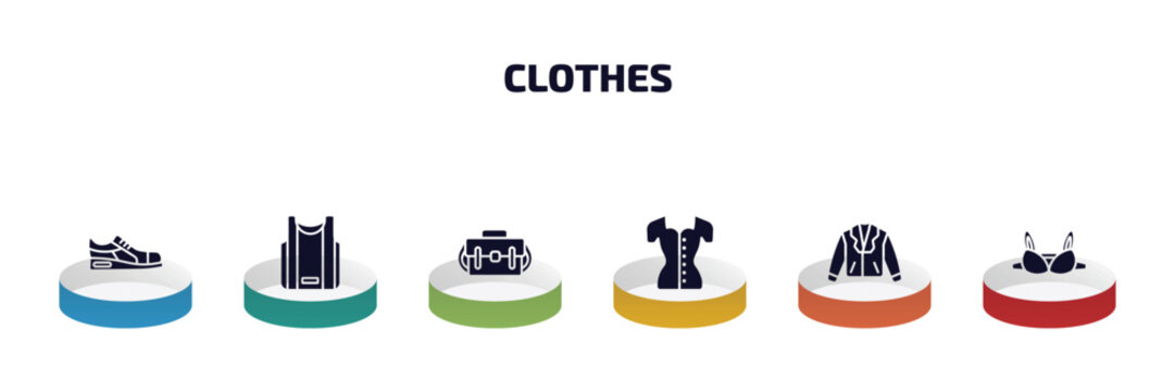 clothes infographic element with filled icons and 6 step or option. clothes icons such as sneaker, basketball jersey, messenger bag, blouse, leather biker jacket, bra vector.