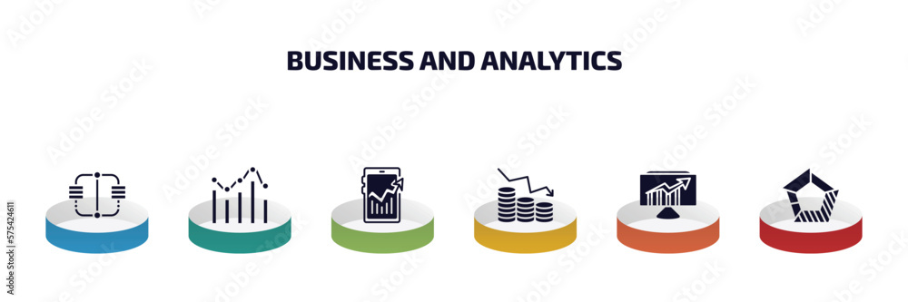 Aufkleber business and analytics infographic element with filled icons and 6 step or option. business and anal