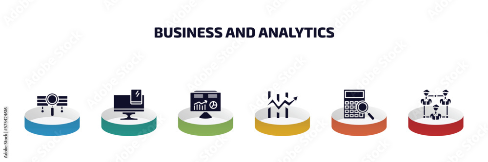 Poster business and analytics infographic element with filled icons and 6 step or option. business and anal