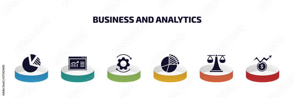 Poster business and analytics infographic element with filled icons and 6 step or option. business and anal