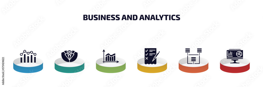 Poster business and analytics infographic element with filled icons and 6 step or option. business and anal