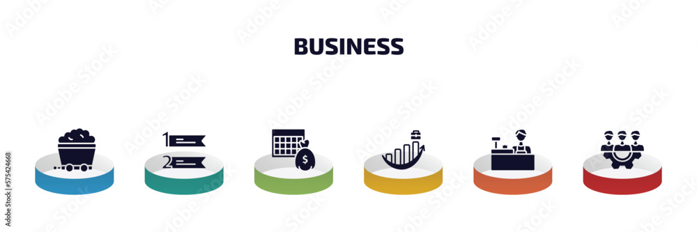 Poster business infographic element with filled icons and 6 step or option. business icons such as mining c