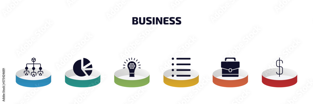 Poster business infographic element with filled icons and 6 step or option. business icons such as hierarch