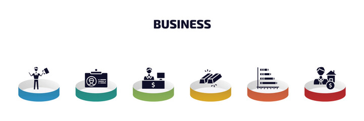 business infographic element with filled icons and 6 step or option. business icons such as man succesing, color business card, bank teller, ingot, horizontal bar chart, mortgage and man vector.