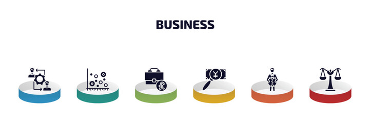 business infographic element with filled icons and 6 step or option. business icons such as rearrange, scatter chart, pounds bag of business, yen search, man holding a big coin, scale in balance