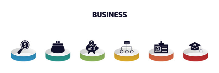 business infographic element with filled icons and 6 step or option. business icons such as money finder, coin purse, purpose of saving money, structure, journalist id card, graduation ceremony