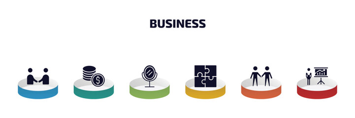 business infographic element with filled icons and 6 step or option. business icons such as men shaking hands, dollar coins stack, hair salon, puzzle game piece, men couple, graphic panel and man