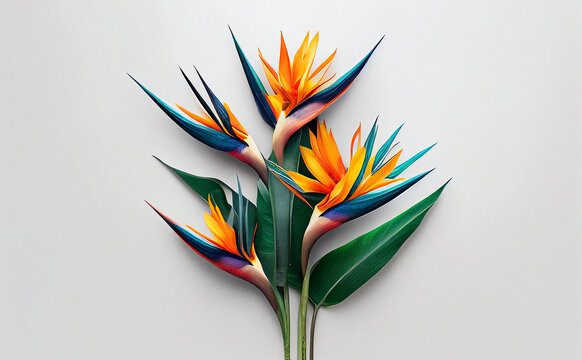 Flowers creative composition. Bouquet of bird of paradise flowers plant with leaves isolated on white background. Flat lay, top view, copy space	
