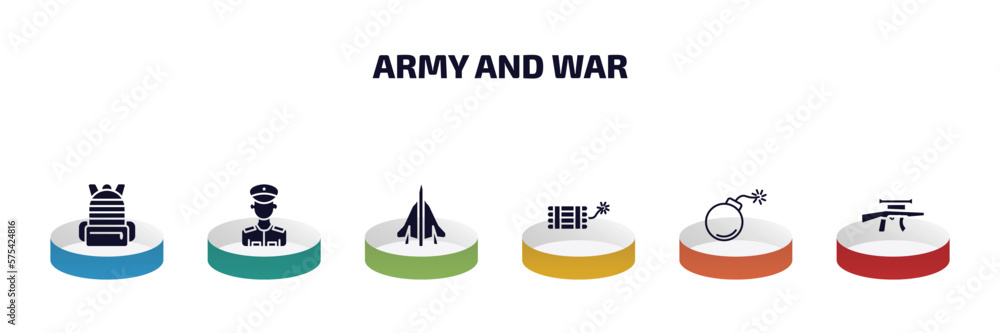 Poster army and war infographic element with filled icons and 6 step or option. army and war icons such as 