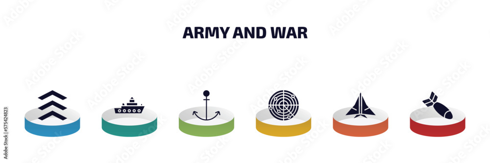 Aufkleber army and war infographic element with filled icons and 6 step or option. army and war icons such as 
