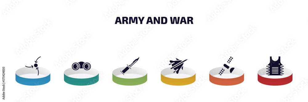 Poster army and war infographic element with filled icons and 6 step or option. army and war icons such as 