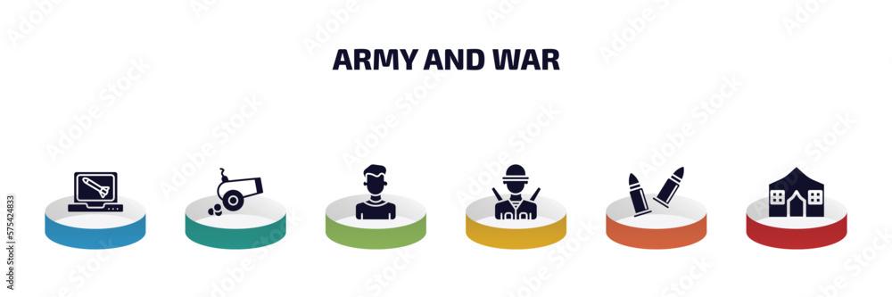 Aufkleber army and war infographic element with filled icons and 6 step or option. army and war icons such as 
