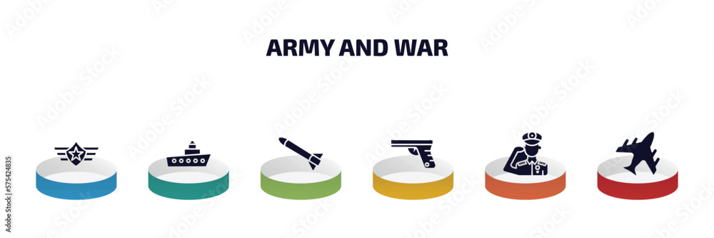 Aufkleber army and war infographic element with filled icons and 6 step or option. army and war icons such as 