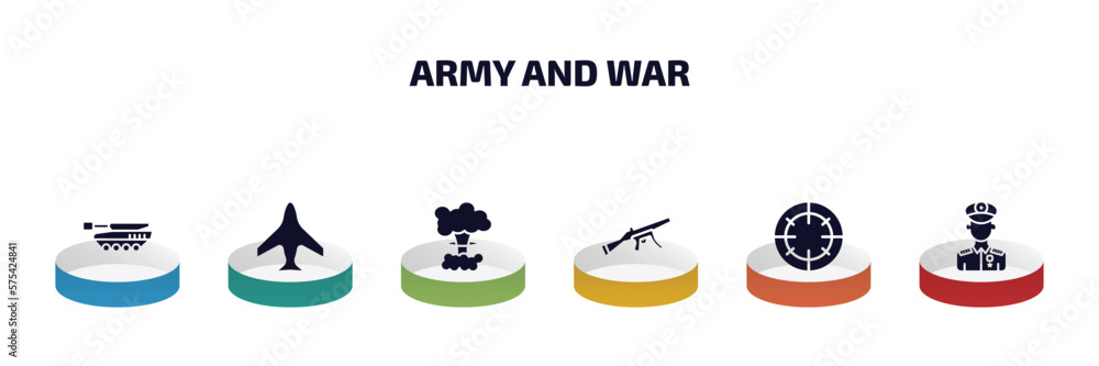 Aufkleber army and war infographic element with filled icons and 6 step or option. army and war icons such as 