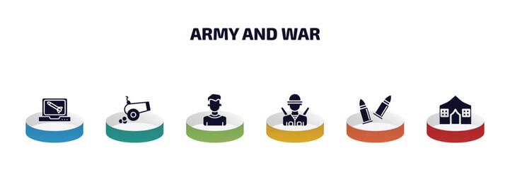army and war infographic element with filled icons and 6 step or option. army and war icons such as computer, artillery, civilian, infantry, two bullets, militar tent vector.