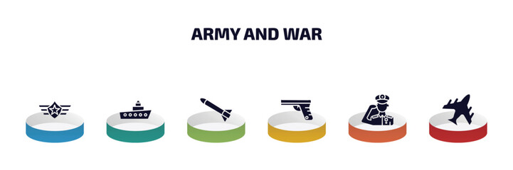 army and war infographic element with filled icons and 6 step or option. army and war icons such as air force, naval, launcher, pistol, salute, plane vector.