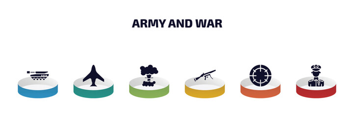 army and war infographic element with filled icons and 6 step or option. army and war icons such as tank, airplane, bomb detonation, automatic gun, target, general vector.