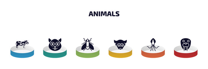 animals infographic element with filled icons and 6 step or option. animals icons such as cow, squirrel, fly, siberian husky, squid, walrus vector.