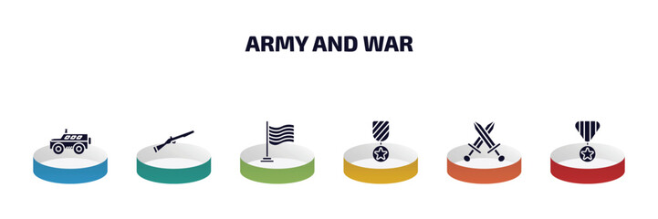 army and war infographic element with filled icons and 6 step or option. army and war icons such as armored vehicle, bayonet on rifle, patriot, in, combat, militaty medal vector.