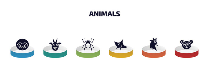 animals infographic element with filled icons and 6 step or option. animals icons such as penguin, goat, spider, manta ray, cock, panda bear vector.