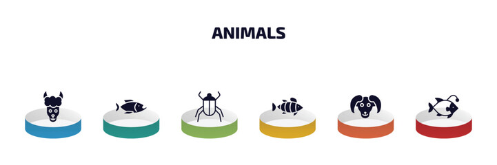 animals infographic element with filled icons and 6 step or option. animals icons such as lama, piranha, beetle, clown fish, male sheep, angler vector.