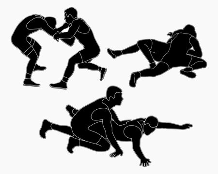 Team silhouettes athletes wrestlers in wrestling, duel, fight. Greco Roman wrestling. Martial art