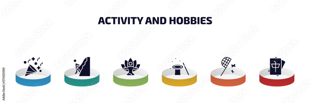Poster activity and hobbies infographic element with filled icons and 6 step or option. activity and hobbie