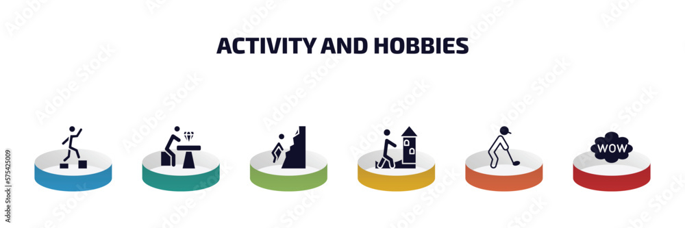 Poster activity and hobbies infographic element with filled icons and 6 step or option. activity and hobbie