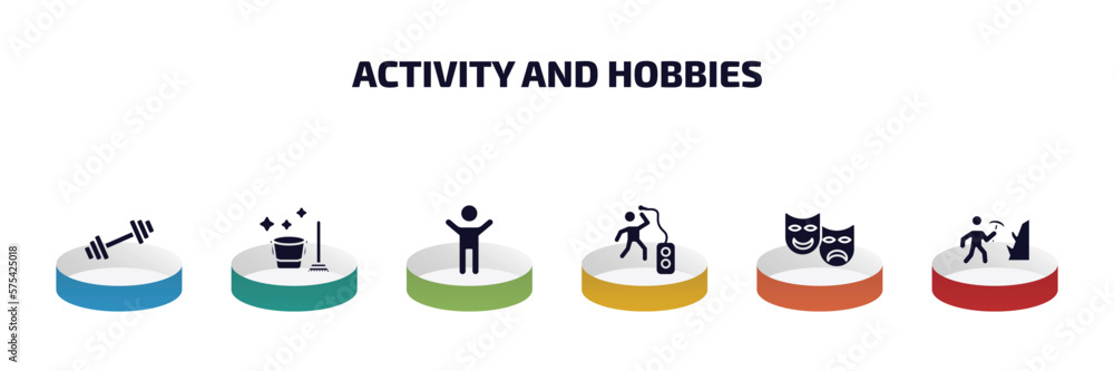 Poster activity and hobbies infographic element with filled icons and 6 step or option. activity and hobbie