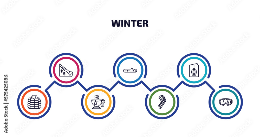 Poster winter infographic element with outline icons and 7 step or option. winter icons such as avalanche, 