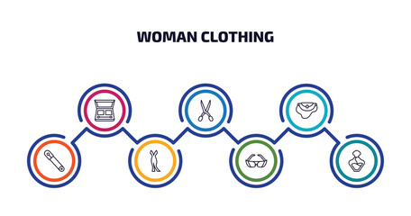 woman clothing infographic element with outline icons and 7 step or option. woman clothing icons such as eyes shades makeup, childish eyeglasses, handbag elegant, safety pin, female long black