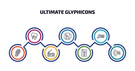 ultimate glyphicons infographic element with outline icons and 7 step or option. ultimate glyphicons icons such as rain cloud, tv wireless connection, music menu, attach rotated, old radio with