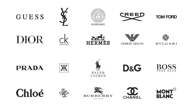 Chanel Dior Luxury clothing brands logo set. Chanel, Dior, Louis Vuitton  LV, Prada, Gucci icons. Vector editorial illustration Stock Vector