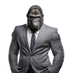 Portrait of a gorilla dressed in a formal business suit on white background, transparent png, generative ai - obrazy, fototapety, plakaty