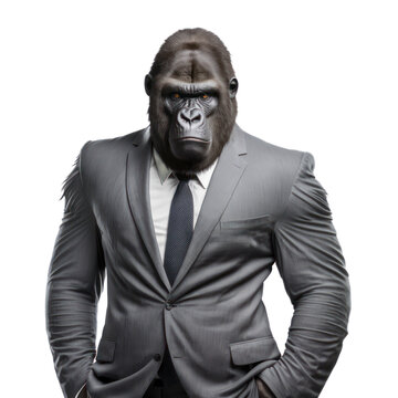 Portrait of a gorilla dressed in a formal business suit on white background, transparent png, generative ai