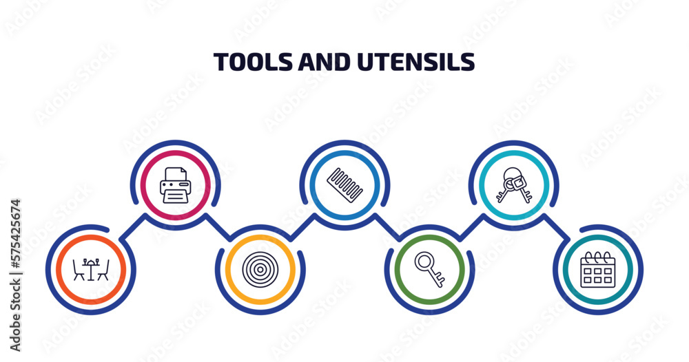Poster tools and utensils infographic element with outline icons and 7 step or option. tools and utensils i